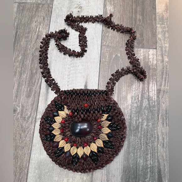 Hand Crafted Handbags - Vintage Apple Seed Purse Handcrafted Hippie Bag Boho Festival 1960’s Folk art